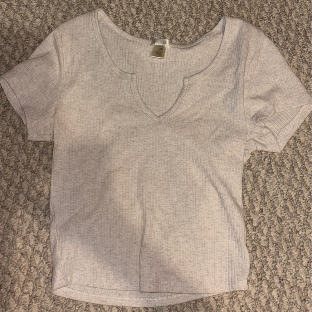 Cream Ribbed V-Neck Crop Top